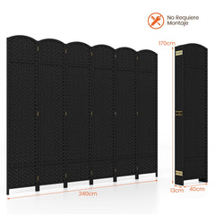 Separador de Ambientes Plegable de 6 Paneles Biombo de 170 cm con Textura Tejida Mano Marco de Madera Maciza para Sala de Estar Negro