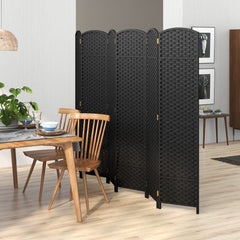 Separador de Ambientes Plegable de 6 Paneles Biombo de 170 cm con Textura Tejida Mano Marco de Madera Maciza para Sala de Estar Negro