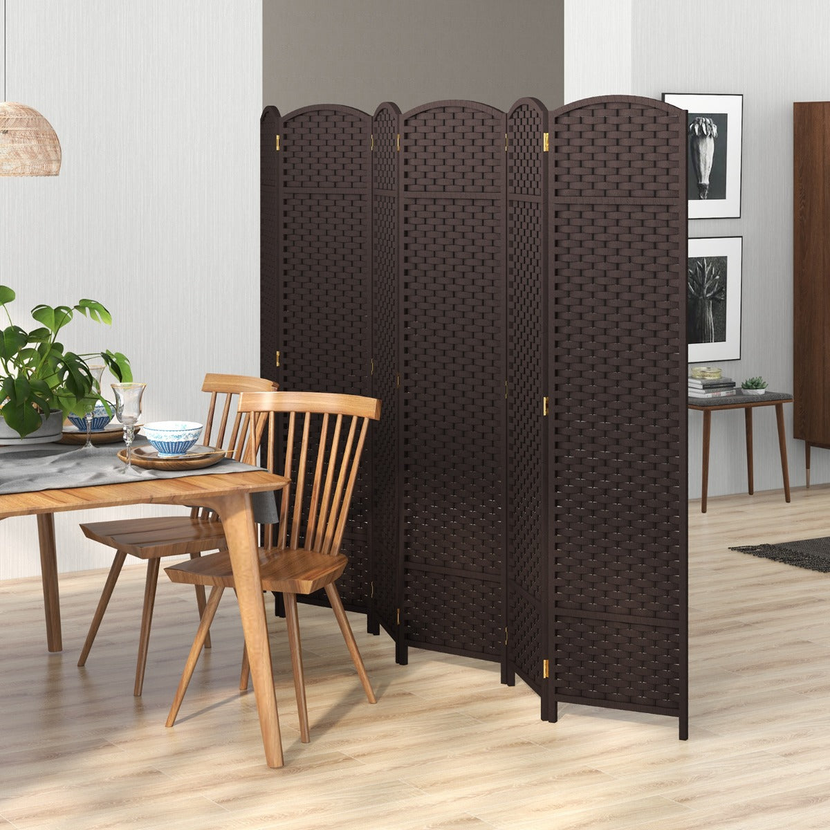Separador de Ambientes Plegable de 6 Paneles Biombo de 170 cm con Textura Tejida Mano Marco de Madera Maciza para Sala de Estar Marrón