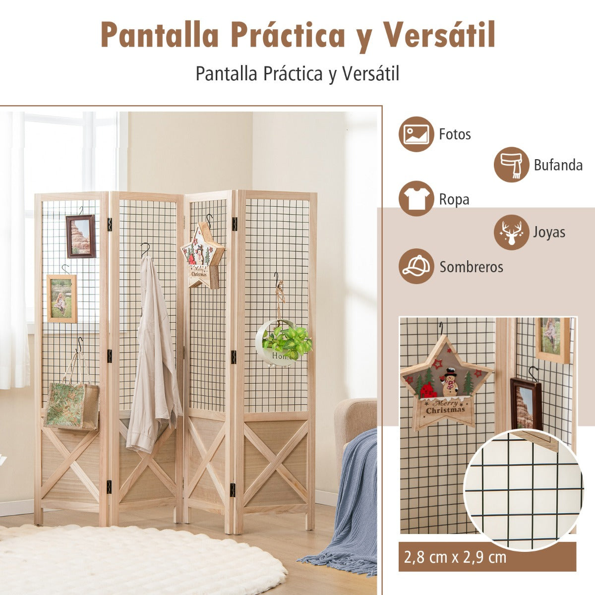Separador de Espacios de Privacidad Plegable 4 Paneles Divisor Decorativo de Madera para Hogar Oficina Natural
