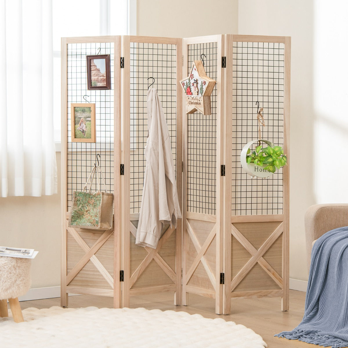 Separador de Espacios de Privacidad Plegable 4 Paneles Divisor Decorativo de Madera para Hogar Oficina Natural