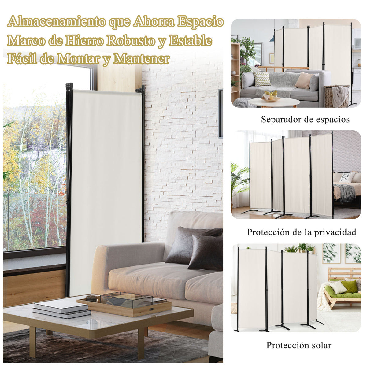 Biombo de 4 Paneles Separador de Tela Plegable Divisor de Paredes de Fibra Protección de Intimidad Independiente 220 x 51 x 173 cm Blanco