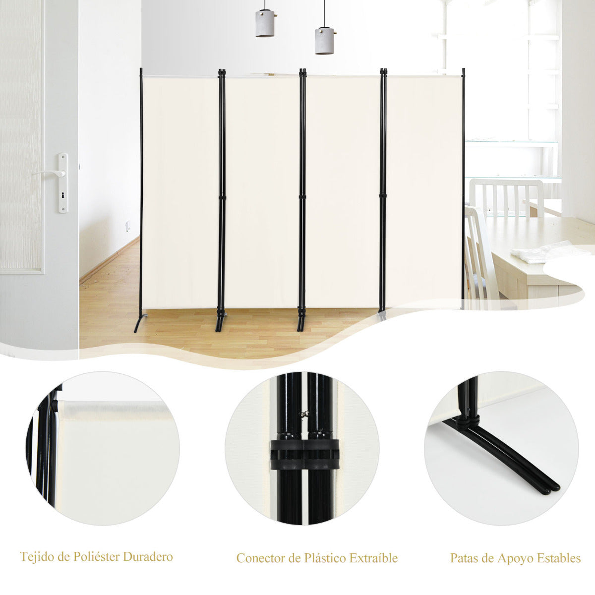 Biombo de 4 Paneles Separador de Tela Plegable Divisor de Paredes de Fibra Protección de Intimidad Independiente 220 x 51 x 173 cm Blanco