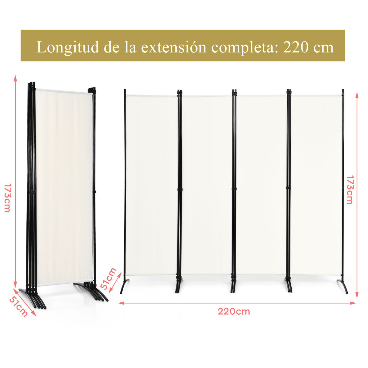 Biombo de 4 Paneles Separador de Tela Plegable Divisor de Paredes de Fibra Protección de Intimidad Independiente 220 x 51 x 173 cm Blanco
