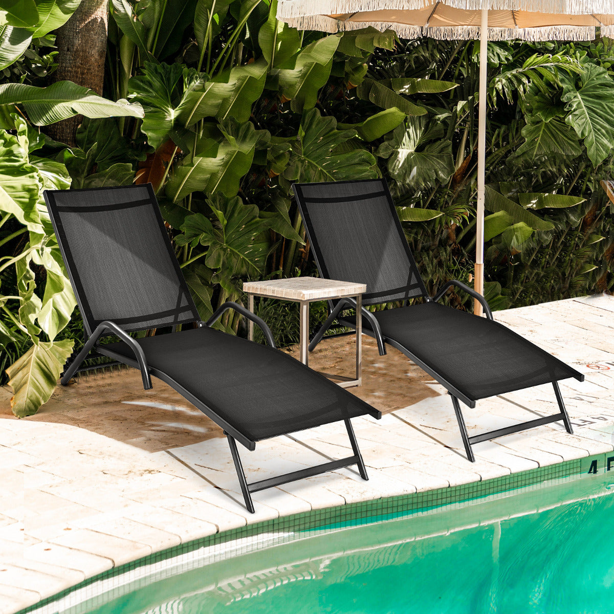 Set de 2 Tumbonas de Exterior Sillones Reclinables Ajustable en 5 Posiciones Asiento Transpirable para Patio Jardín Piscina Negro