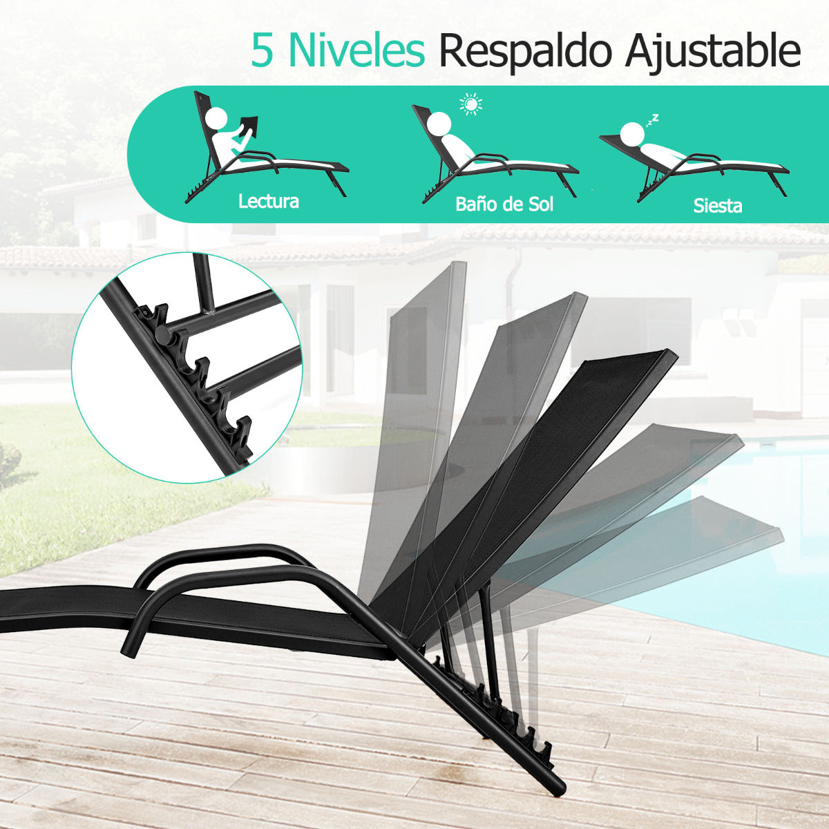Set de 2 Tumbonas de Exterior Sillones Reclinables Ajustable en 5 Posiciones Asiento Transpirable para Patio Jardín Piscina Negro