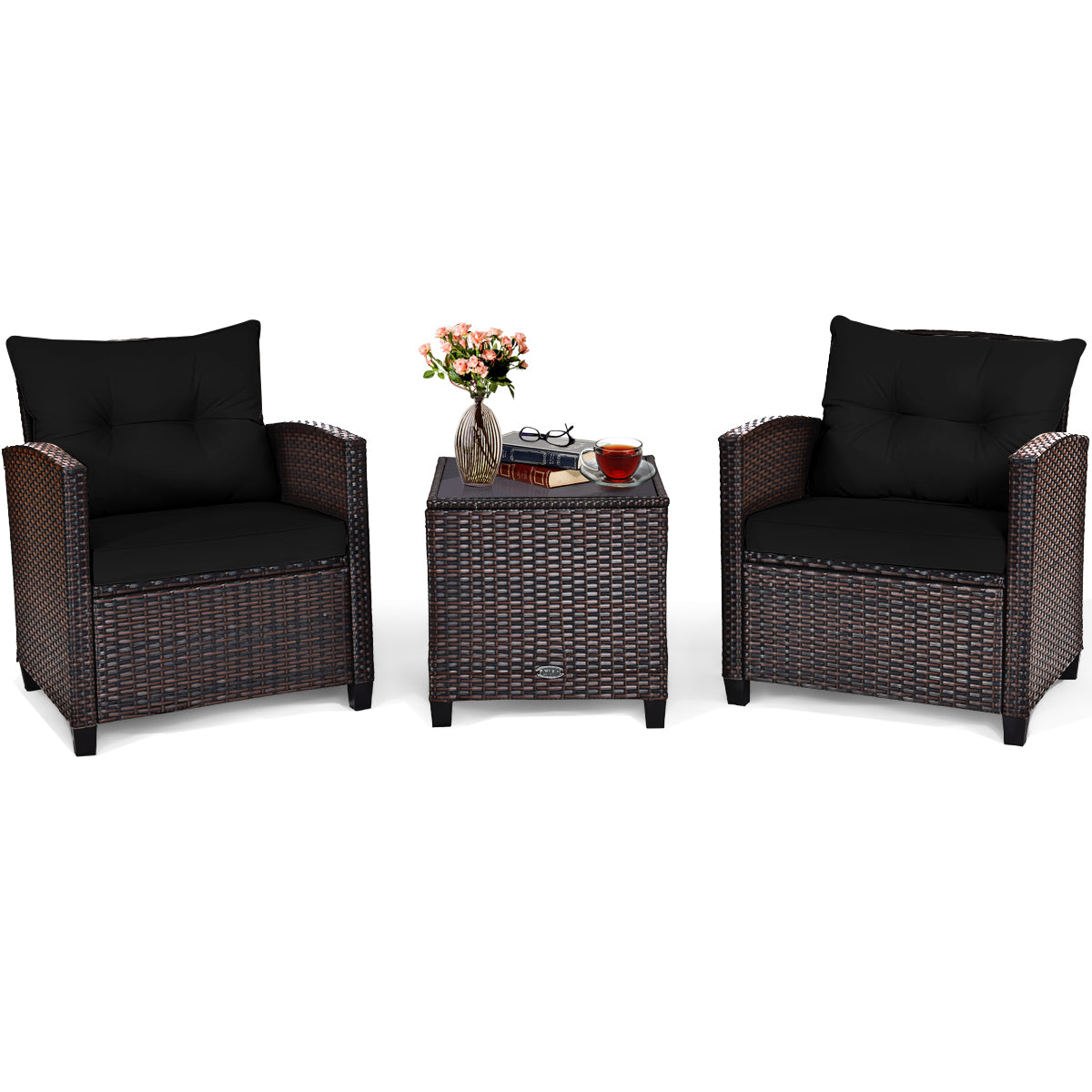 Set 3 Piezas Muebles Conversación de Patio Sofá en Ratán de Exterior con Cojín Lavable para Jardín Piscina Balcón 67 x 67 x 76 cm Negro