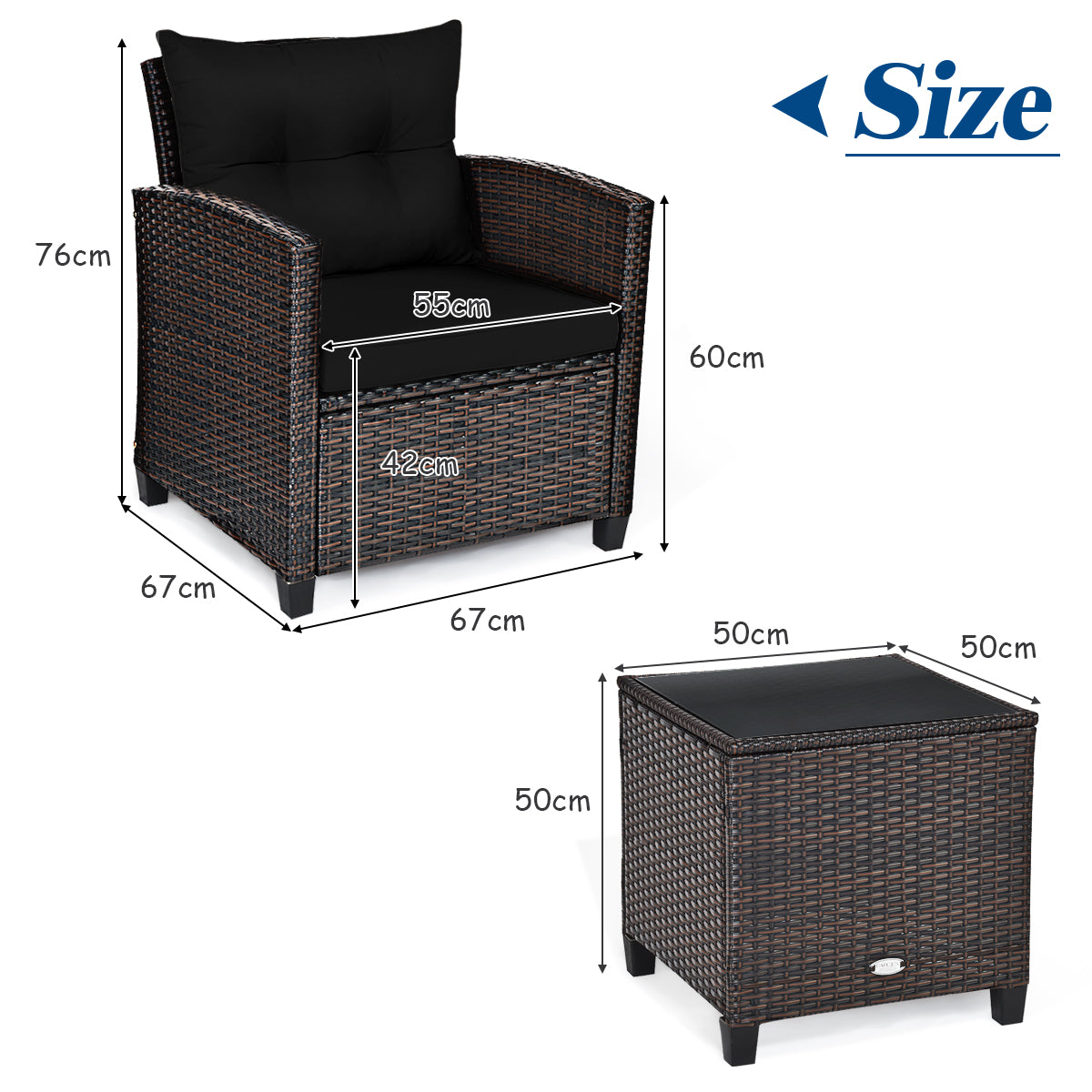 Set 3 Piezas Muebles Conversación de Patio Sofá en Ratán de Exterior con Cojín Lavable para Jardín Piscina Balcón 67 x 67 x 76 cm Negro