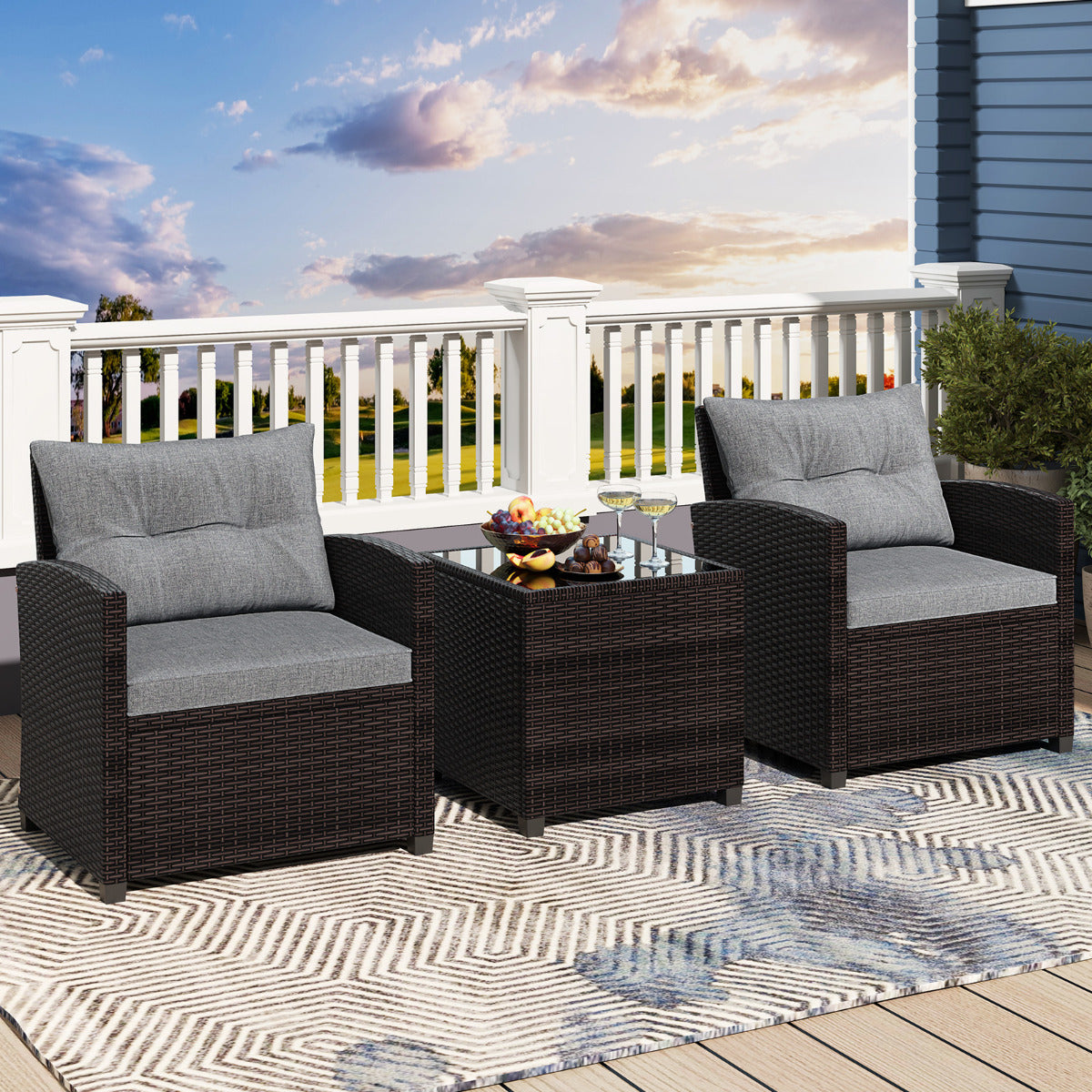 Set 3 Piezas Muebles Conversación de Patio Sofá en Ratán de Exterior con Cojín Lavable para Jardín Piscina Balcón 67 x 67 x 76 cm Gris