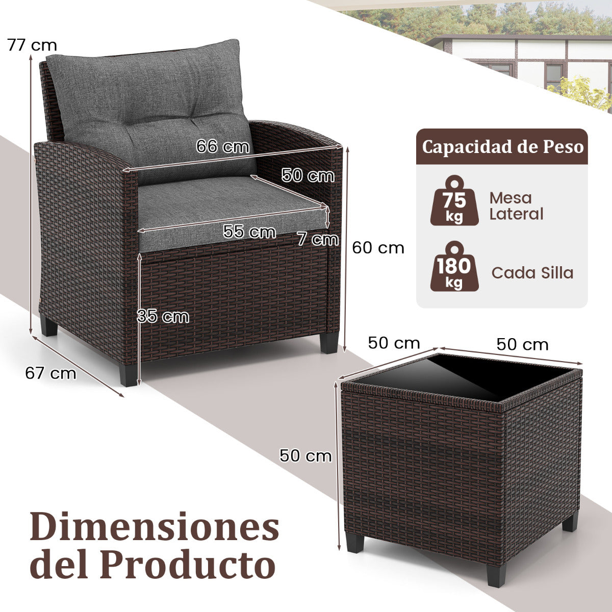 Set 3 Piezas Muebles Conversación de Patio Sofá en Ratán de Exterior con Cojín Lavable para Jardín Piscina Balcón 67 x 67 x 76 cm Gris