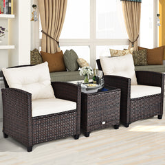 Set 3 Piezas Muebles Conversación de Patio Sofá en Ratán de Exterior con Cojín Lavable para Jardín Piscina Balcón 67 x 67 x 76 cm Blanco