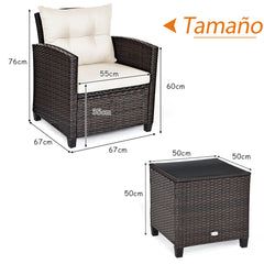 Set 3 Piezas Muebles Conversación de Patio Sofá en Ratán de Exterior con Cojín Lavable para Jardín Piscina Balcón 67 x 67 x 76 cm Blanco