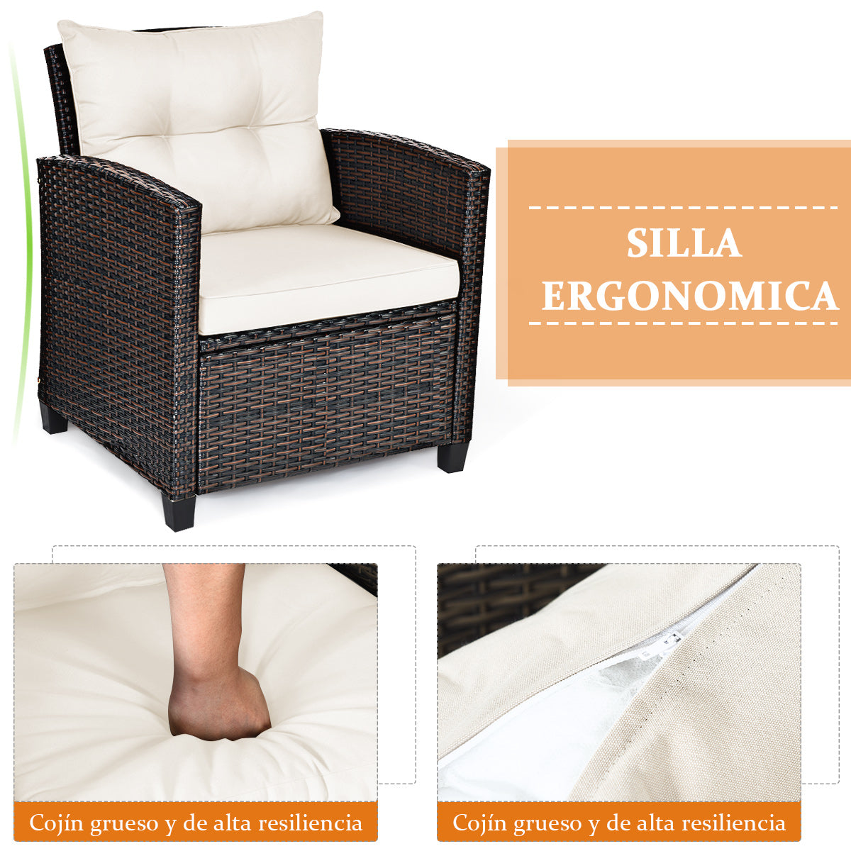 Set 3 Piezas Muebles Conversación de Patio Sofá en Ratán de Exterior con Cojín Lavable para Jardín Piscina Balcón 67 x 67 x 76 cm Blanco