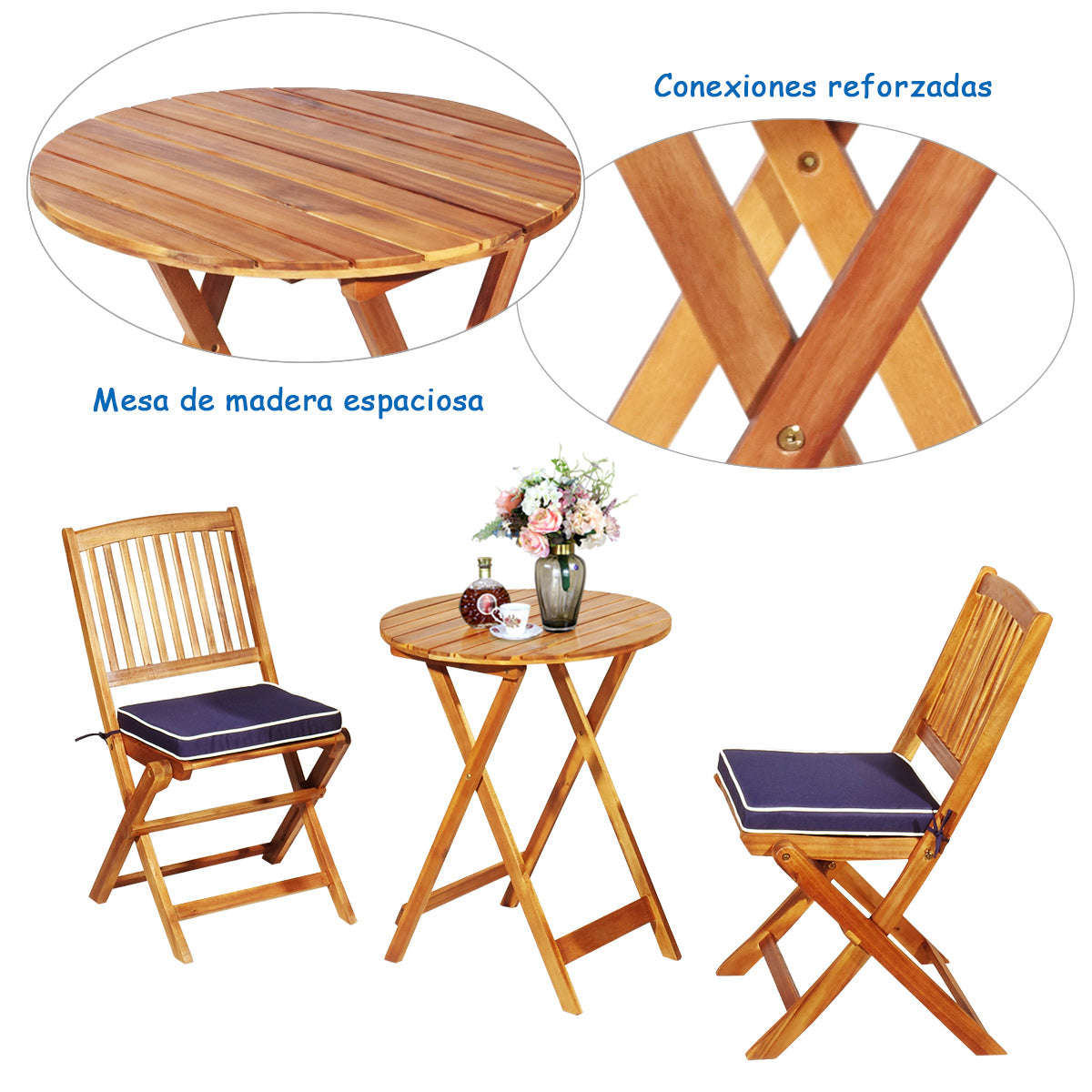 Set 5 Piezas Muebles de Madera de Bistró 2 Sillas con Cojín Mesa Madera de Acacia Plegables de Exterior para Terraza Patio Piscina Azul