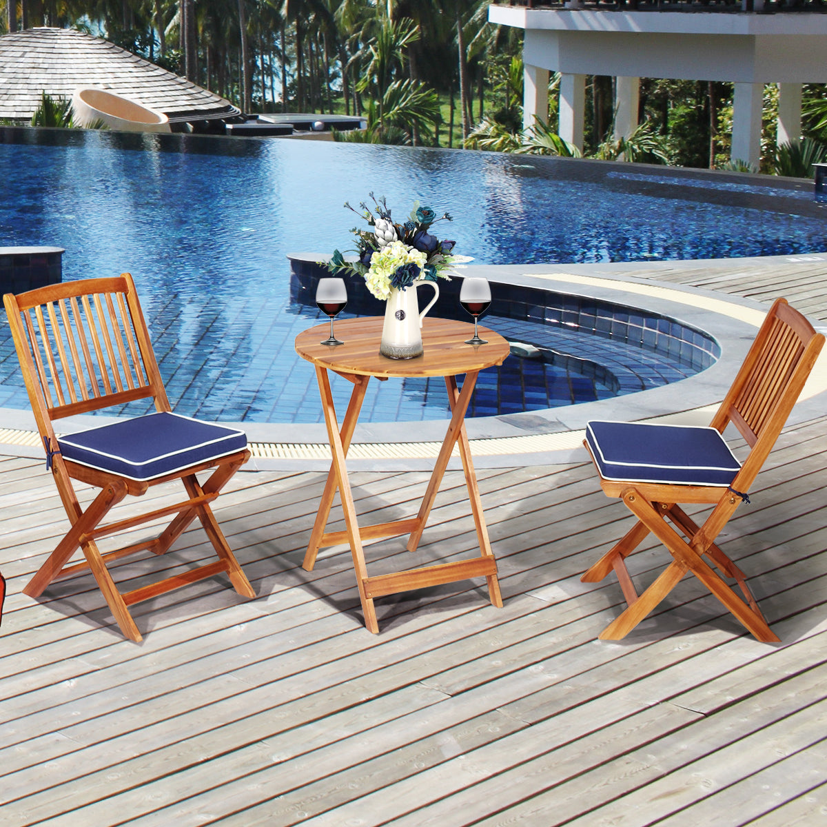 Set 5 Piezas Muebles de Madera de Bistró 2 Sillas con Cojín Mesa Madera de Acacia Plegables de Exterior para Terraza Patio Piscina Azul