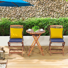 Set 5 Piezas Muebles de Madera de Bistró 2 Sillas con Cojín Mesa Madera de Acacia Plegables de Exterior para Terraza Patio Piscina Azul