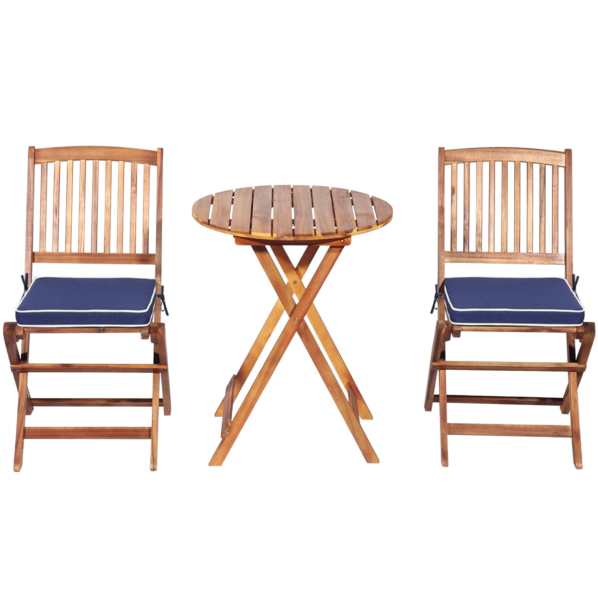 Set 5 Piezas Muebles de Madera de Bistró 2 Sillas con Cojín Mesa Madera de Acacia Plegables de Exterior para Terraza Patio Piscina Azul