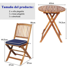 Set 5 Piezas Muebles de Madera de Bistró 2 Sillas con Cojín Mesa Madera de Acacia Plegables de Exterior para Terraza Patio Piscina Azul