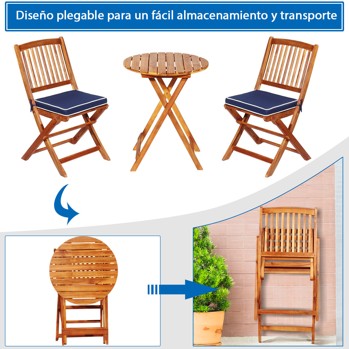 Set 5 Piezas Muebles de Madera de Bistró 2 Sillas con Cojín Mesa Madera de Acacia Plegables de Exterior para Terraza Patio Piscina Azul