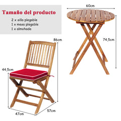Set 5 Piezas Muebles de Madera de Bistró 2 Sillas con Cojín Mesa Madera de Acacia Plegables de Exterior para Terraza Patio Piscina Rojo