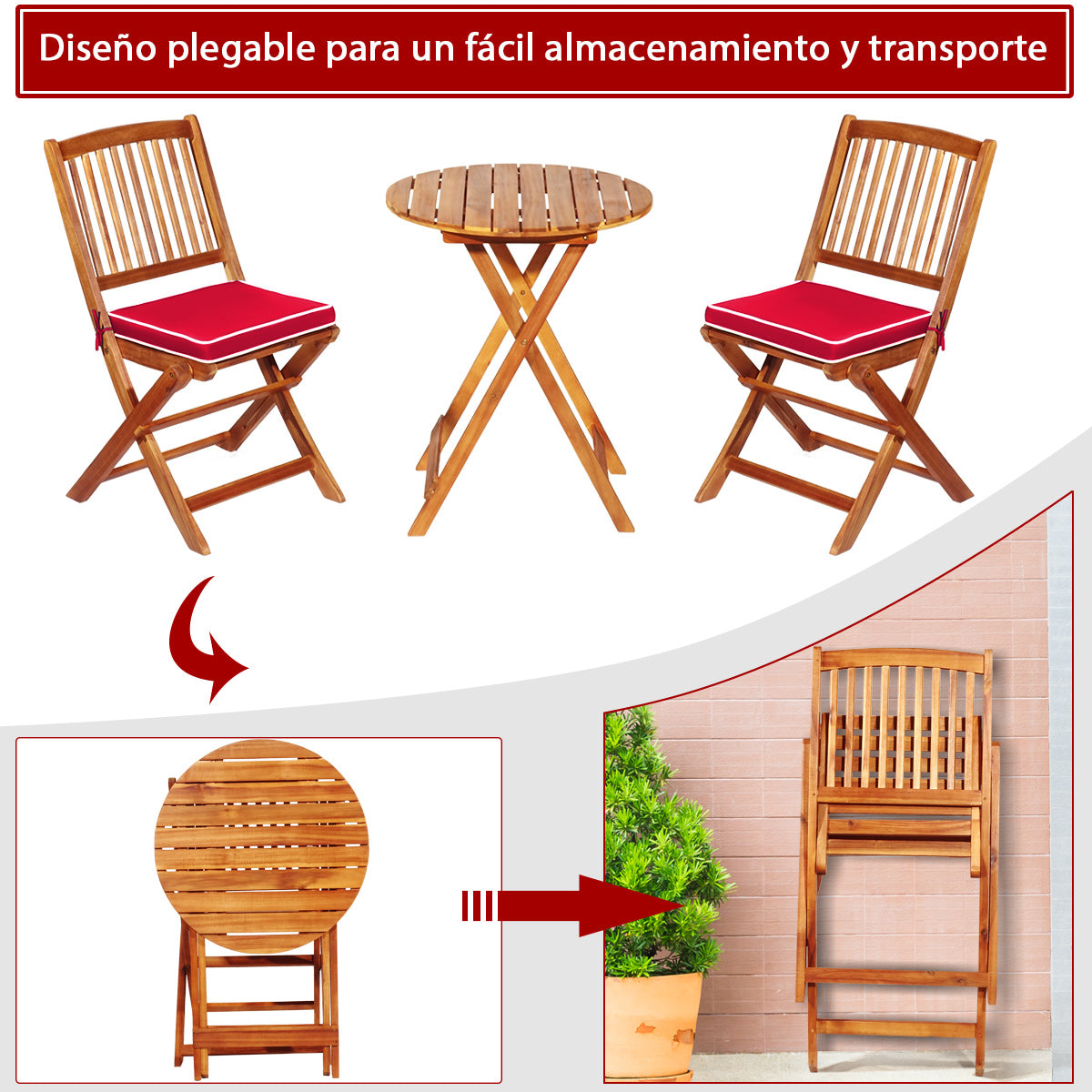 Set 5 Piezas Muebles de Madera de Bistró 2 Sillas con Cojín Mesa Madera de Acacia Plegables de Exterior para Terraza Patio Piscina Rojo