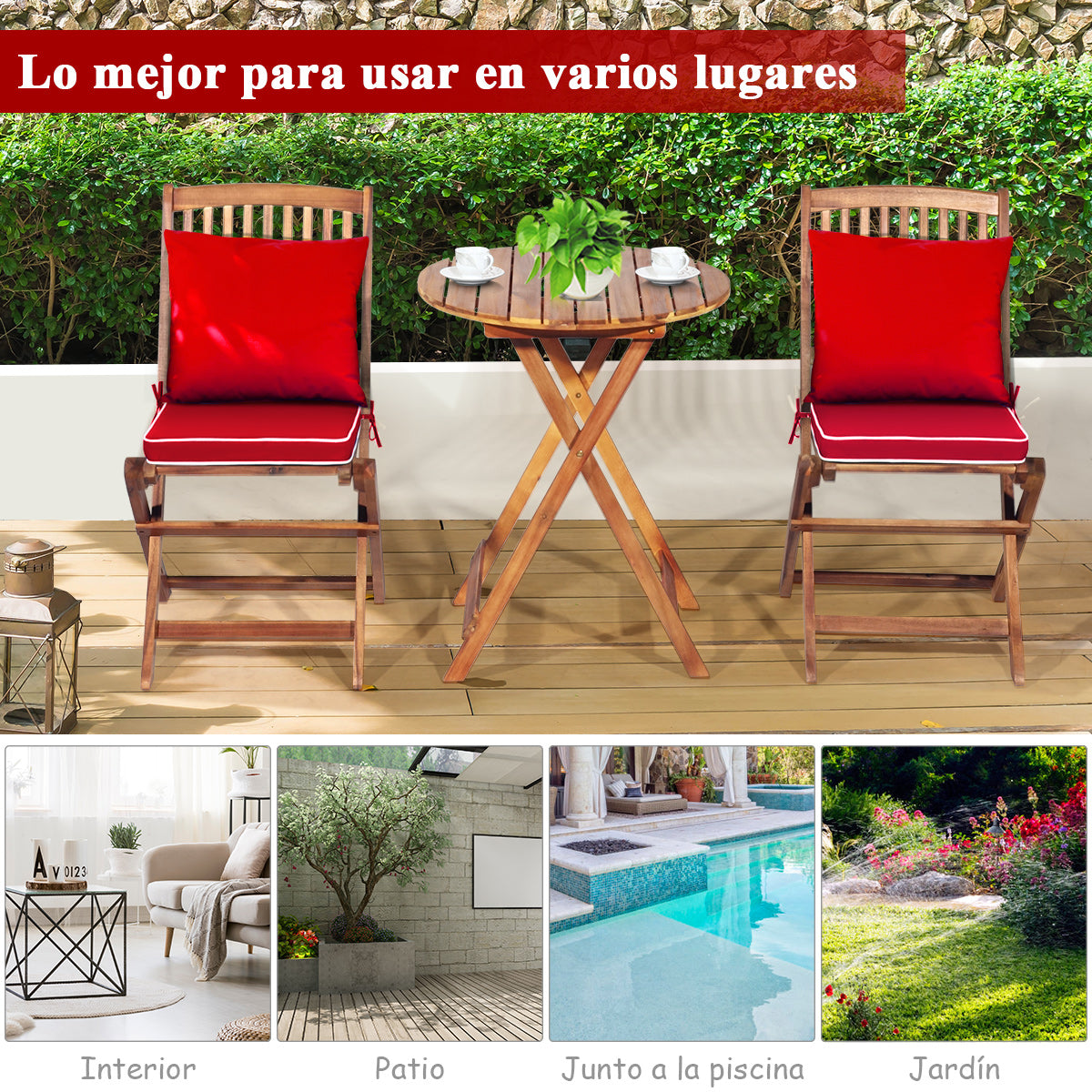 Set 5 Piezas Muebles de Madera de Bistró 2 Sillas con Cojín Mesa Madera de Acacia Plegables de Exterior para Terraza Patio Piscina Rojo