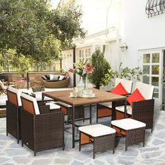 Set 9 Piezas Muebles de Comedor de Exterior Juego Conversación Sillas de Mimbre y Otomanas con Cojines para Jardín Patio Piscina Blanco