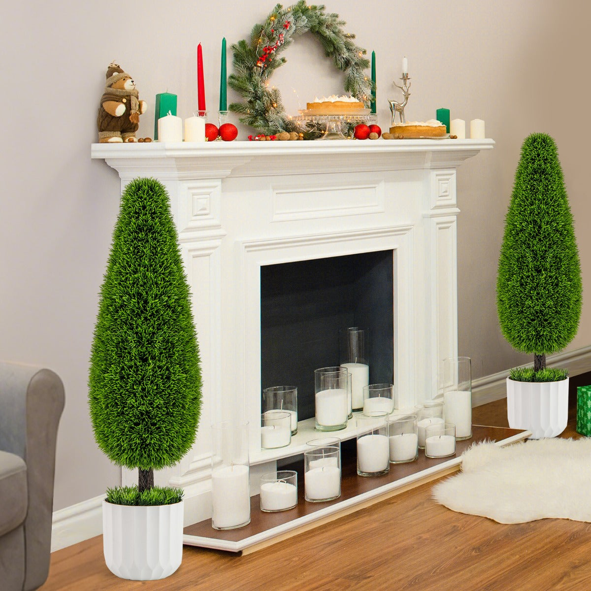 Set de 2 Piezas de Arbusto Artificial de Cedro en Forma de Gota de 90 CM Planta Topiaria en Maceta con Vides Plásticas Decoración Verde