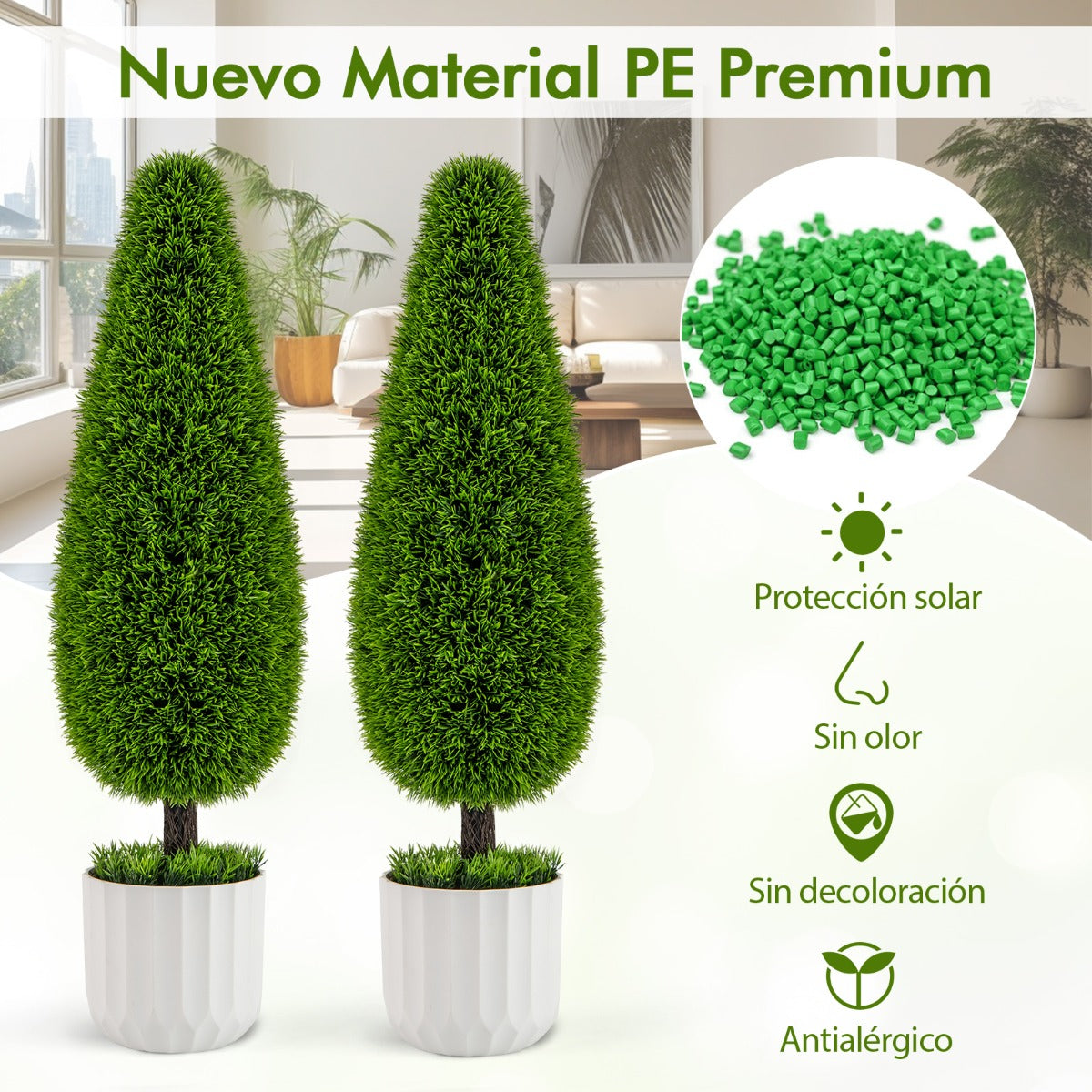 Set de 2 Piezas de Arbusto Artificial de Cedro en Forma de Gota de 90 CM Planta Topiaria en Maceta con Vides Plásticas Decoración Verde