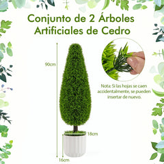 Set de 2 Piezas de Arbusto Artificial de Cedro en Forma de Gota de 90 CM Planta Topiaria en Maceta con Vides Plásticas Decoración Verde
