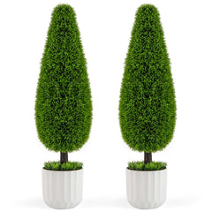 Set de 2 Piezas de Arbusto Artificial de Cedro en Forma de Gota de 90 CM Planta Topiaria en Maceta con Vides Plásticas Decoración Verde