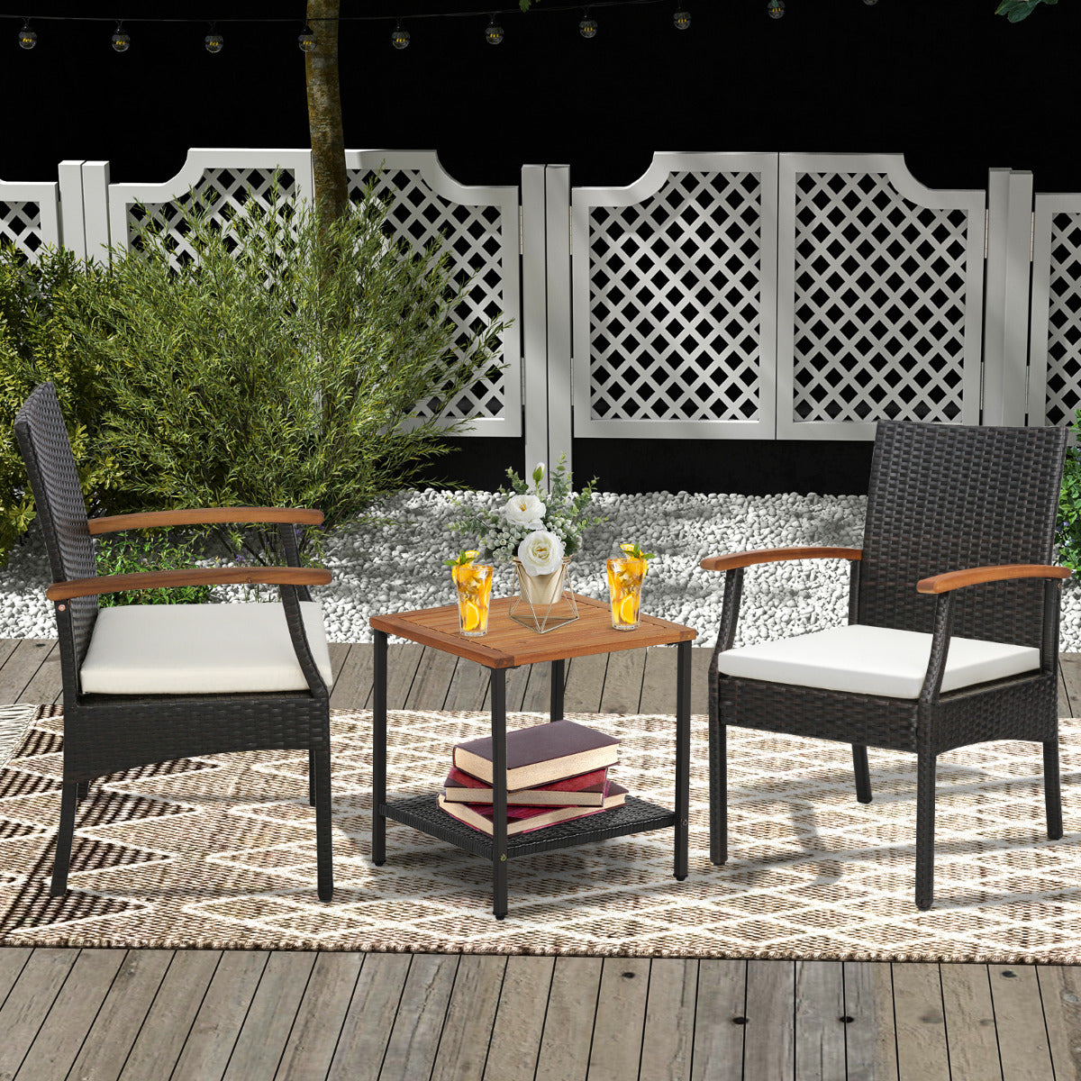 Set de 2 Sillas de Mimbre con Reposabrazos Cojín para Patio Sillas de Ratán PE de Exterior Marco Metal Sillones para Patio Balcón Terraza