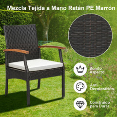 Set de 2 Sillas de Mimbre con Reposabrazos Cojín para Patio Sillas de Ratán PE de Exterior Marco Metal Sillones para Patio Balcón Terraza