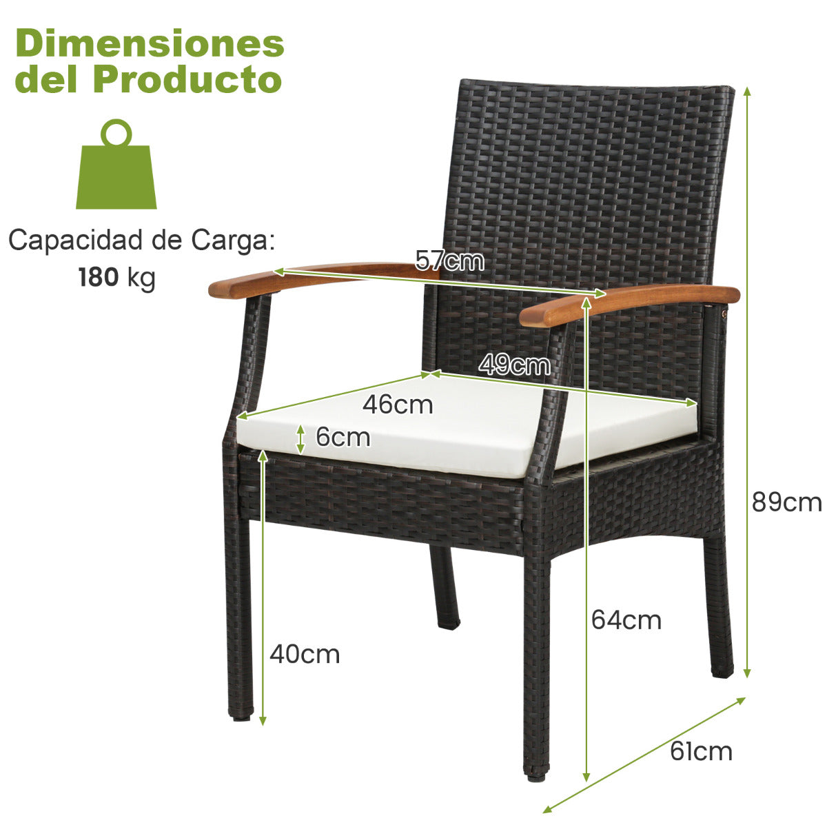 Set de 2 Sillas de Mimbre con Reposabrazos Cojín para Patio Sillas de Ratán PE de Exterior Marco Metal Sillones para Patio Balcón Terraza