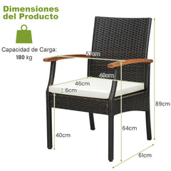 Set de 2 Sillas de Mimbre con Reposabrazos Cojín para Patio Sillas de Ratán PE de Exterior Marco Metal Sillones para Patio Balcón Terraza