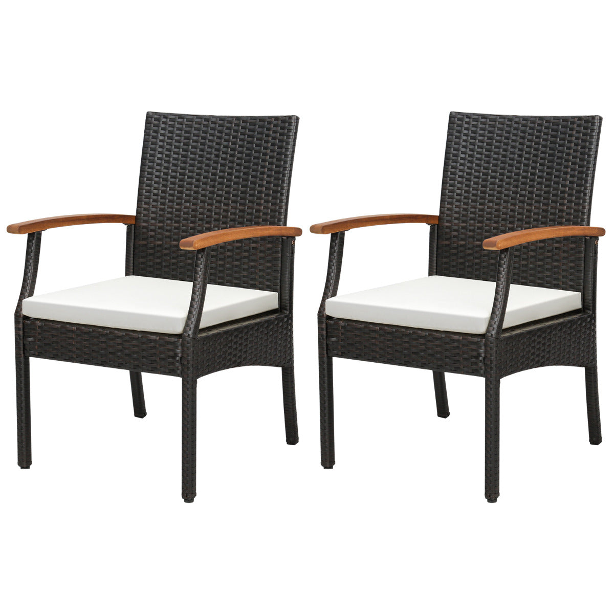Set de 2 Sillas de Mimbre con Reposabrazos Cojín para Patio Sillas de Ratán PE de Exterior Marco Metal Sillones para Patio Balcón Terraza