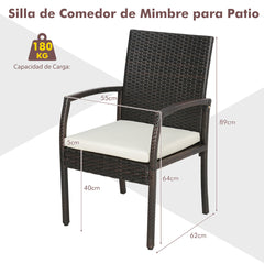 Set de 2 Sillas de Mimbre para Patio con Cojín Suave Silla de Ratán PE Marco de Metal Sillones para Patio Balcón Piscina 62 x 55 x 89 cm