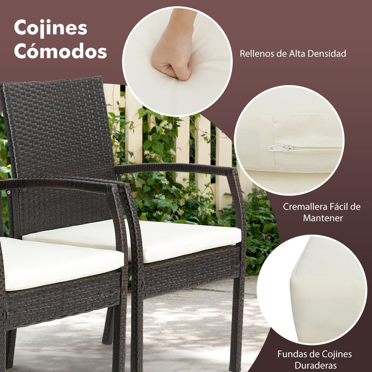 Set de 2 Sillas de Mimbre para Patio con Cojín Suave Silla de Ratán PE Marco de Metal Sillones para Patio Balcón Piscina 62 x 55 x 89 cm