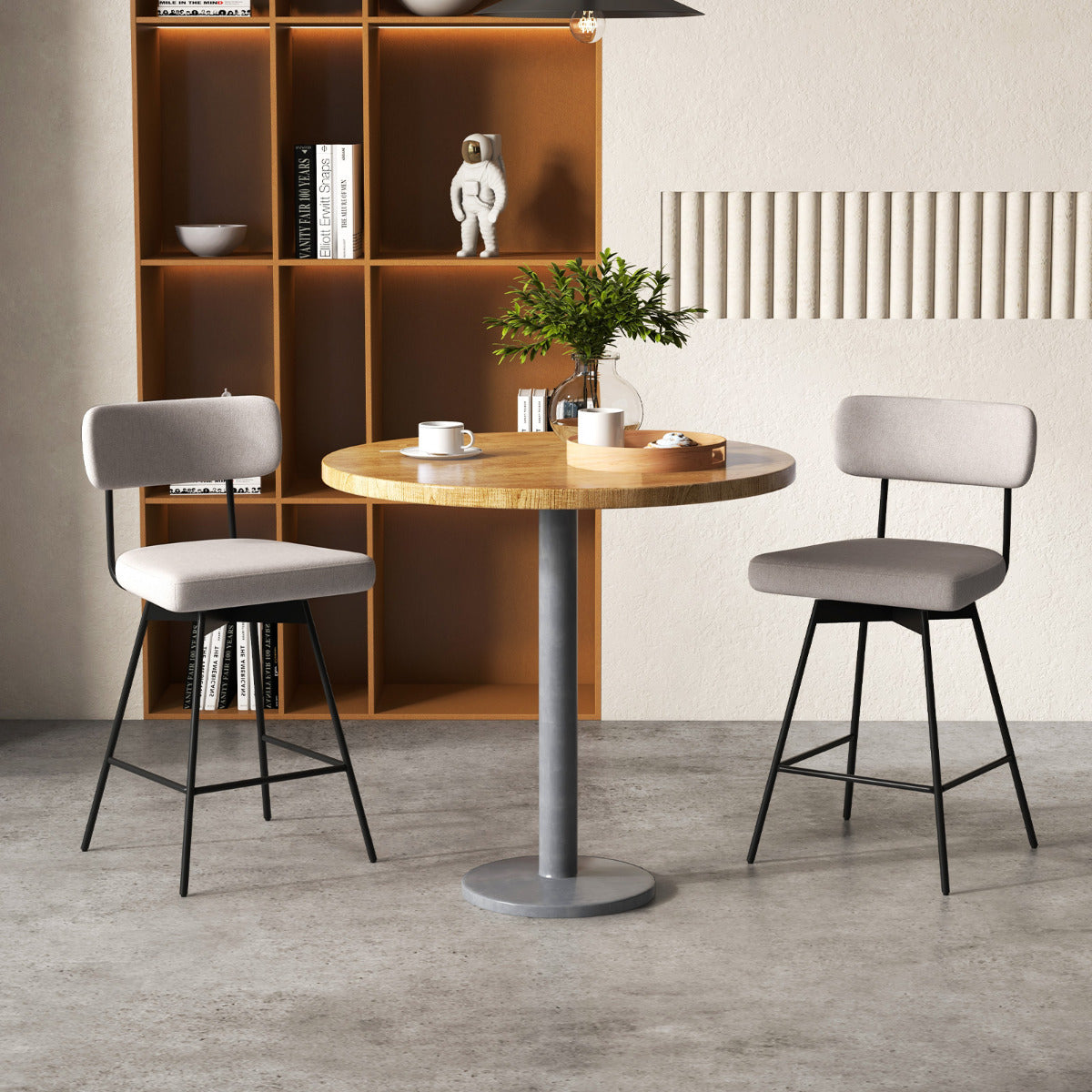 Set de 2 Taburetes de Bar Giratorios Silla de Bar con Asiento y Respaldo Acolchado Estructura Metálica Taburete de Tela de Lino-Beige