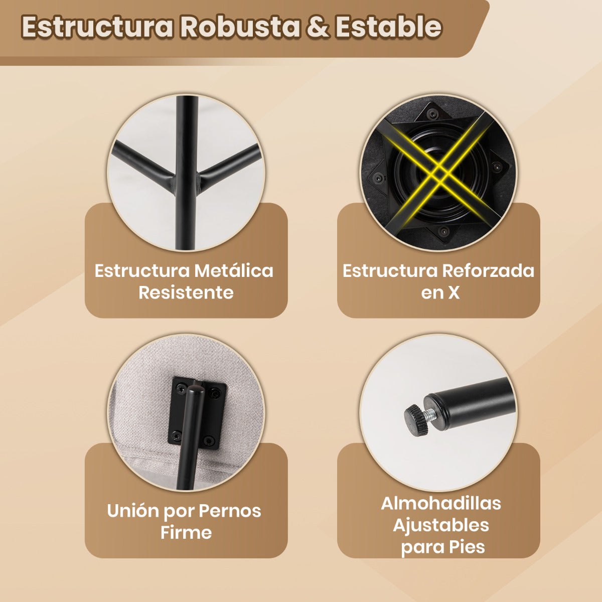 Set de 2 Taburetes de Bar Giratorios Silla de Bar con Asiento y Respaldo Acolchado Estructura Metálica Taburete de Tela de Lino-Beige