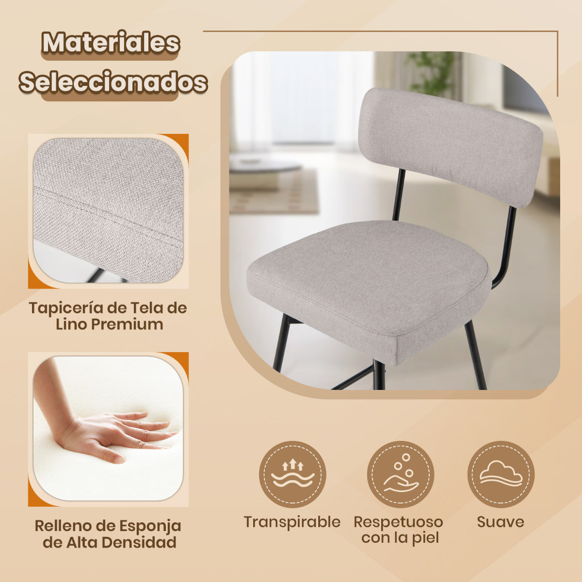 Set de 2 Taburetes de Bar Giratorios Silla de Bar con Asiento y Respaldo Acolchado Estructura Metálica Taburete de Tela de Lino-Beige