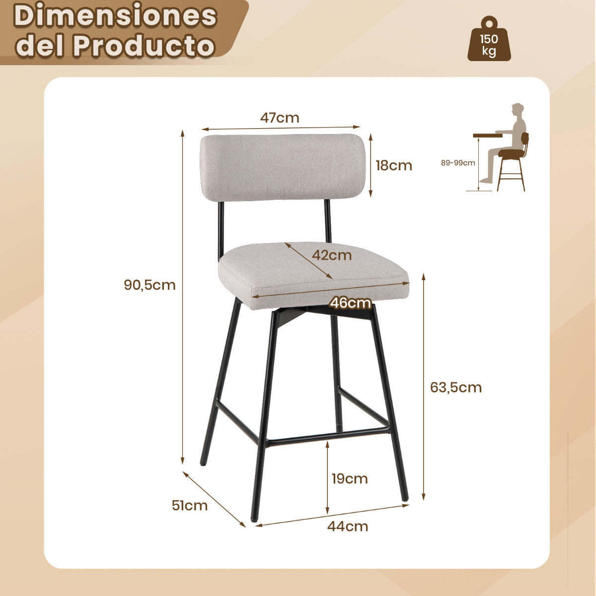 Set de 2 Taburetes de Bar Giratorios Silla de Bar con Asiento y Respaldo Acolchado Estructura Metálica Taburete de Tela de Lino-Beige