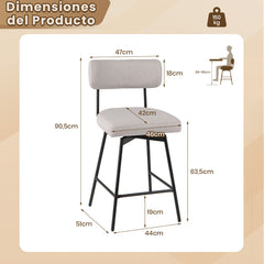 Set de 2 Taburetes de Bar Giratorios Silla de Bar con Asiento y Respaldo Acolchado Estructura Metálica Taburete de Tela de Lino-Beige