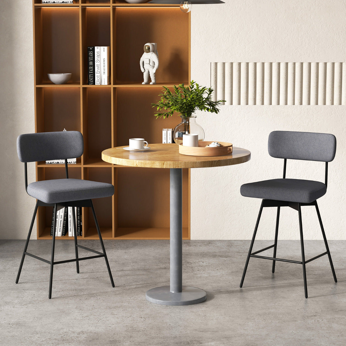 Set de 2 Taburetes de Bar Giratorios Silla de Bar con Asiento y Respaldo Acolchado Estructura Metálica Taburete de Tela de Lino-Gris