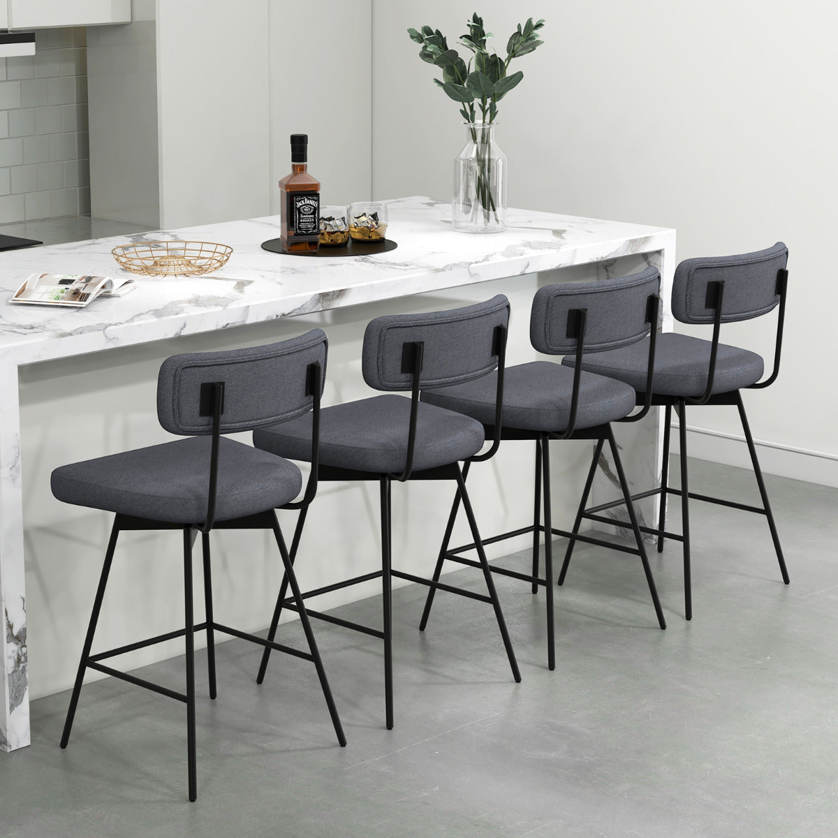 Set de 2 Taburetes de Bar Giratorios Silla de Bar con Asiento y Respaldo Acolchado Estructura Metálica Taburete de Tela de Lino-Gris