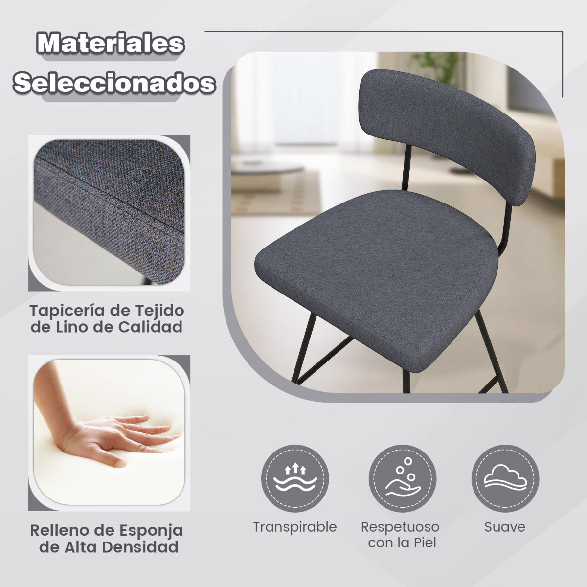 Set de 2 Taburetes de Bar Giratorios Silla de Bar con Asiento y Respaldo Acolchado Estructura Metálica Taburete de Tela de Lino-Gris