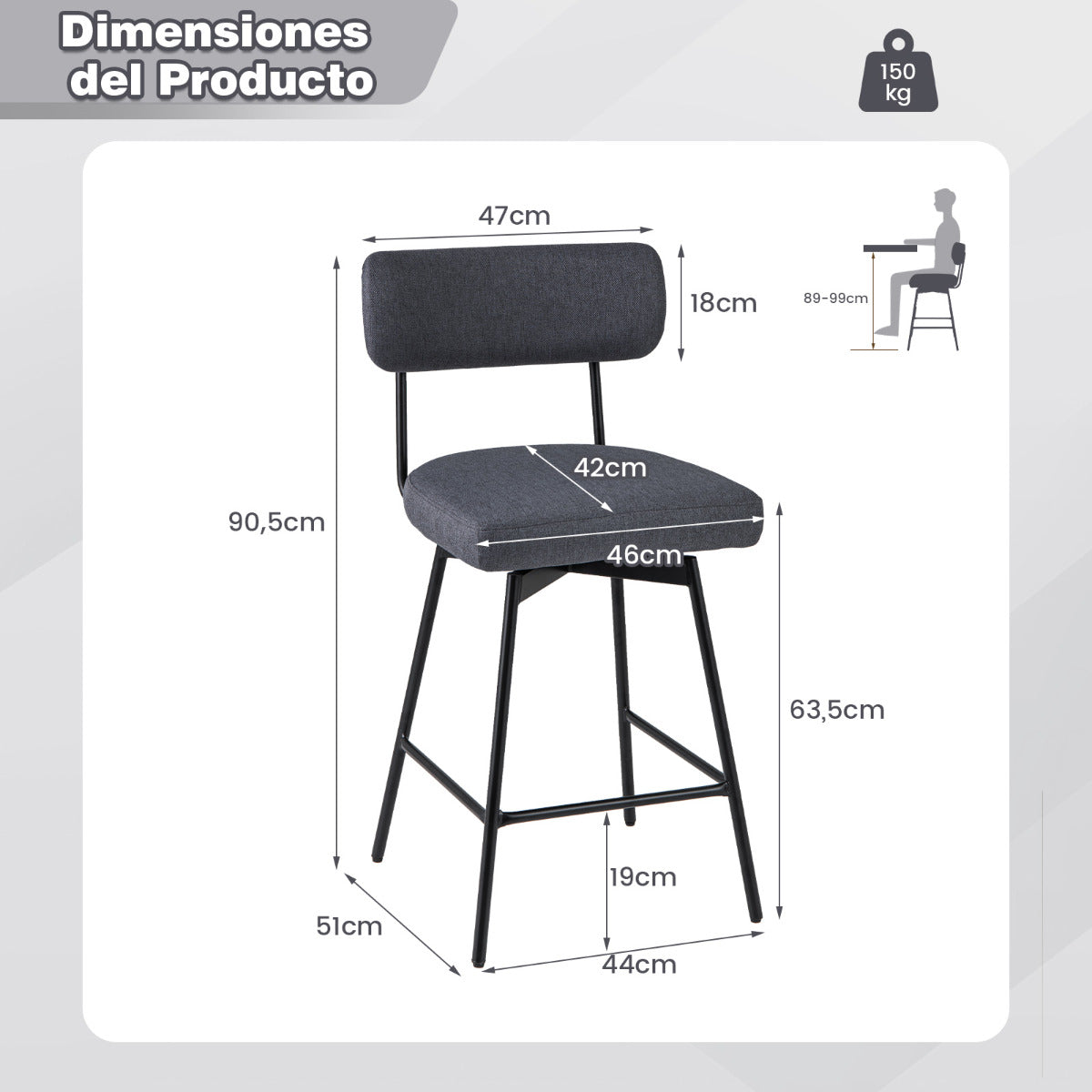 Set de 2 Taburetes de Bar Giratorios Silla de Bar con Asiento y Respaldo Acolchado Estructura Metálica Taburete de Tela de Lino-Gris