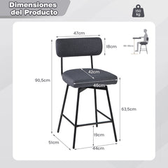 Set de 2 Taburetes de Bar Giratorios Silla de Bar con Asiento y Respaldo Acolchado Estructura Metálica Taburete de Tela de Lino-Gris