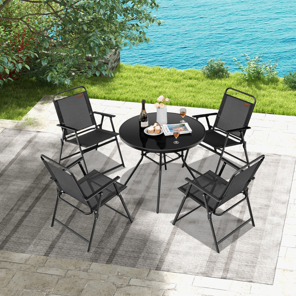 Set de 4 Sillas Plegables de Jardín Sillas Portátiles con Asiento Transpirable Reposabrazos Carga 150kg para Terraza Patio 68 x 55 x 84 cm