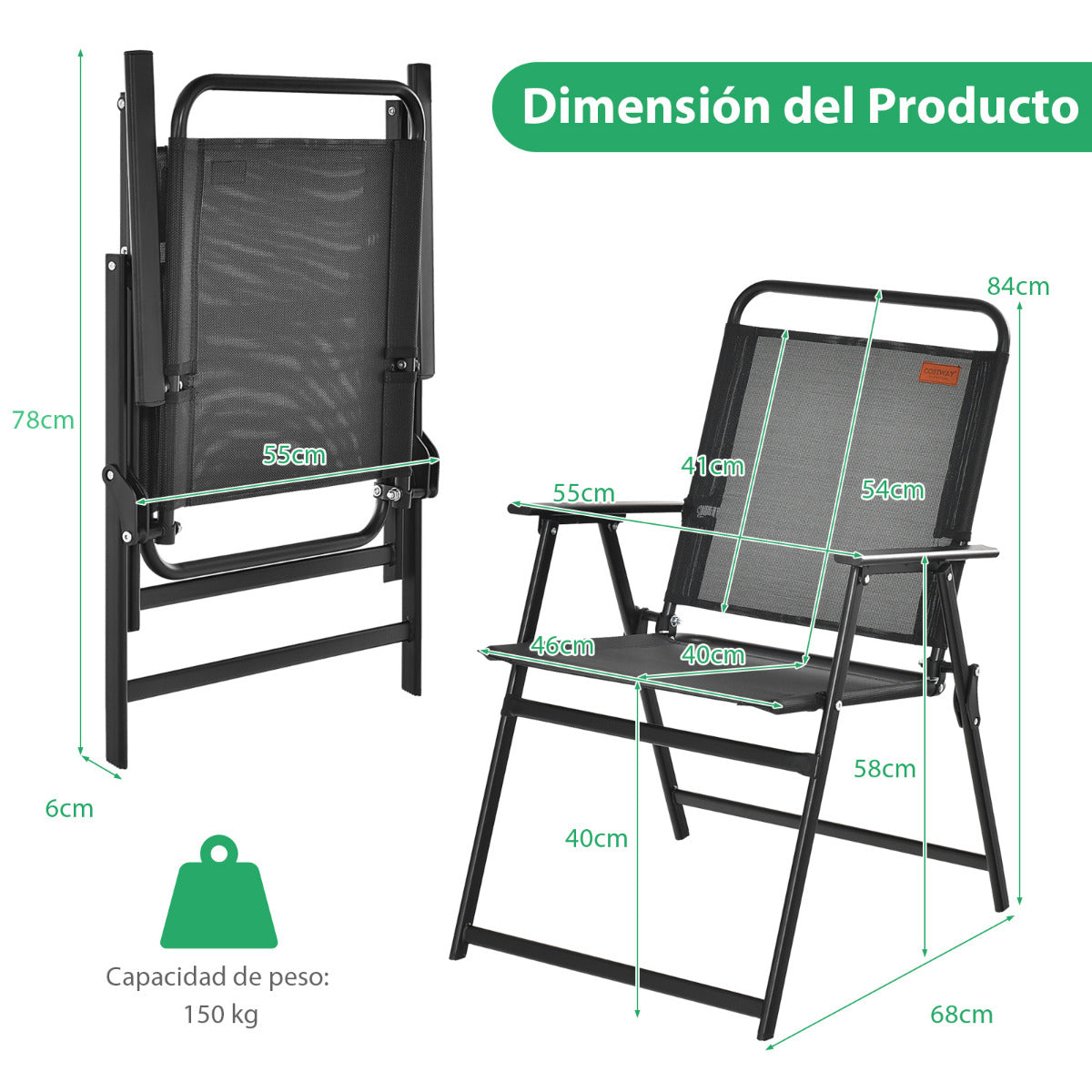 Set de 4 Sillas Plegables de Jardín Sillas Portátiles con Asiento Transpirable Reposabrazos Carga 150kg para Terraza Patio 68 x 55 x 84 cm